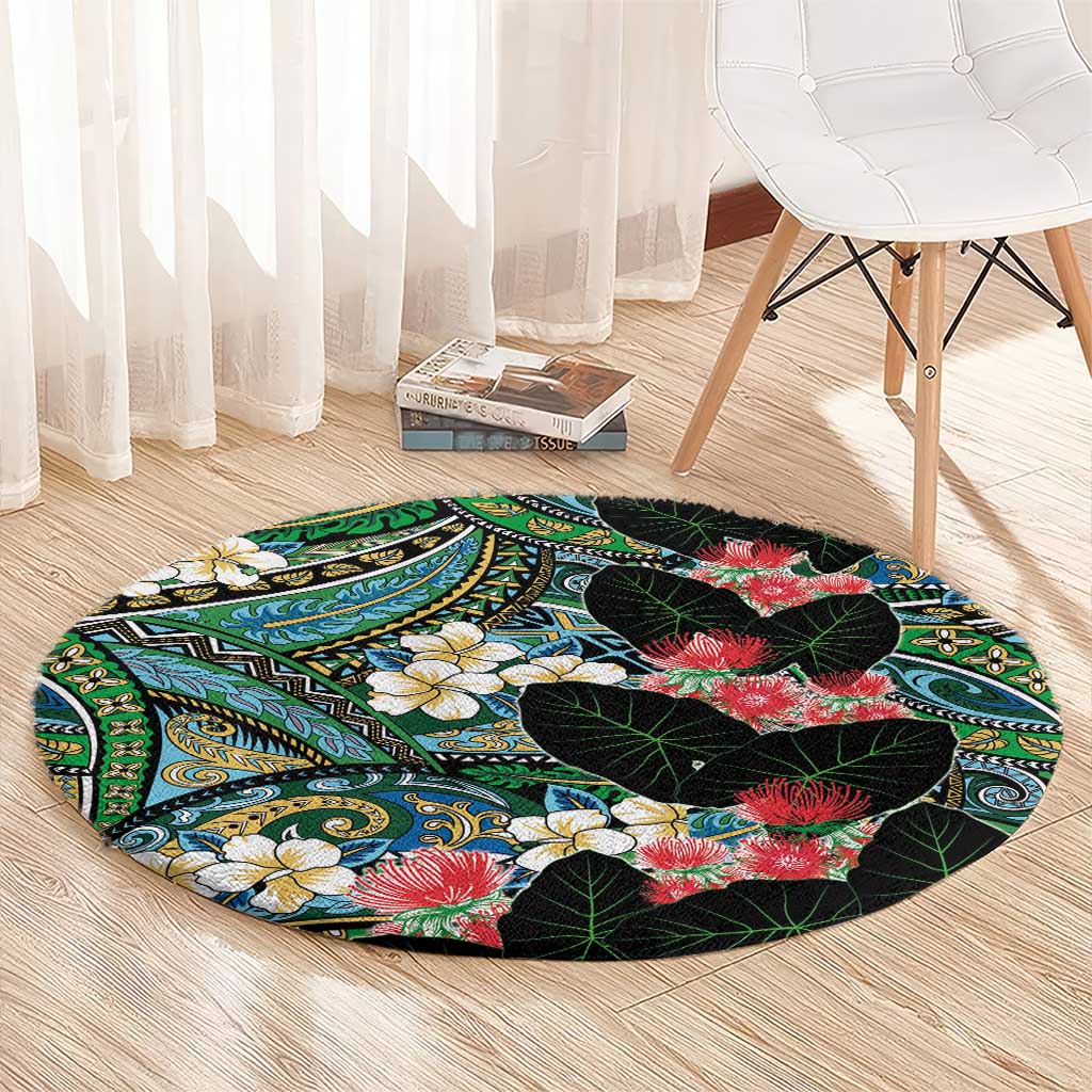 Hawaiian Taro Leaves and Ohia Lehua Round Carpet Polynesian Tribal Art Tropical Plants Motifs Colorful