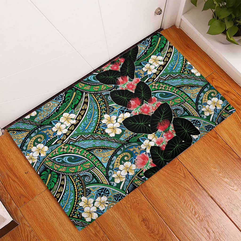 Hawaiian Taro Leaves and Ohia Lehua Rubber Doormat Polynesian Tribal Art Tropical Plants Motifs Colorful
