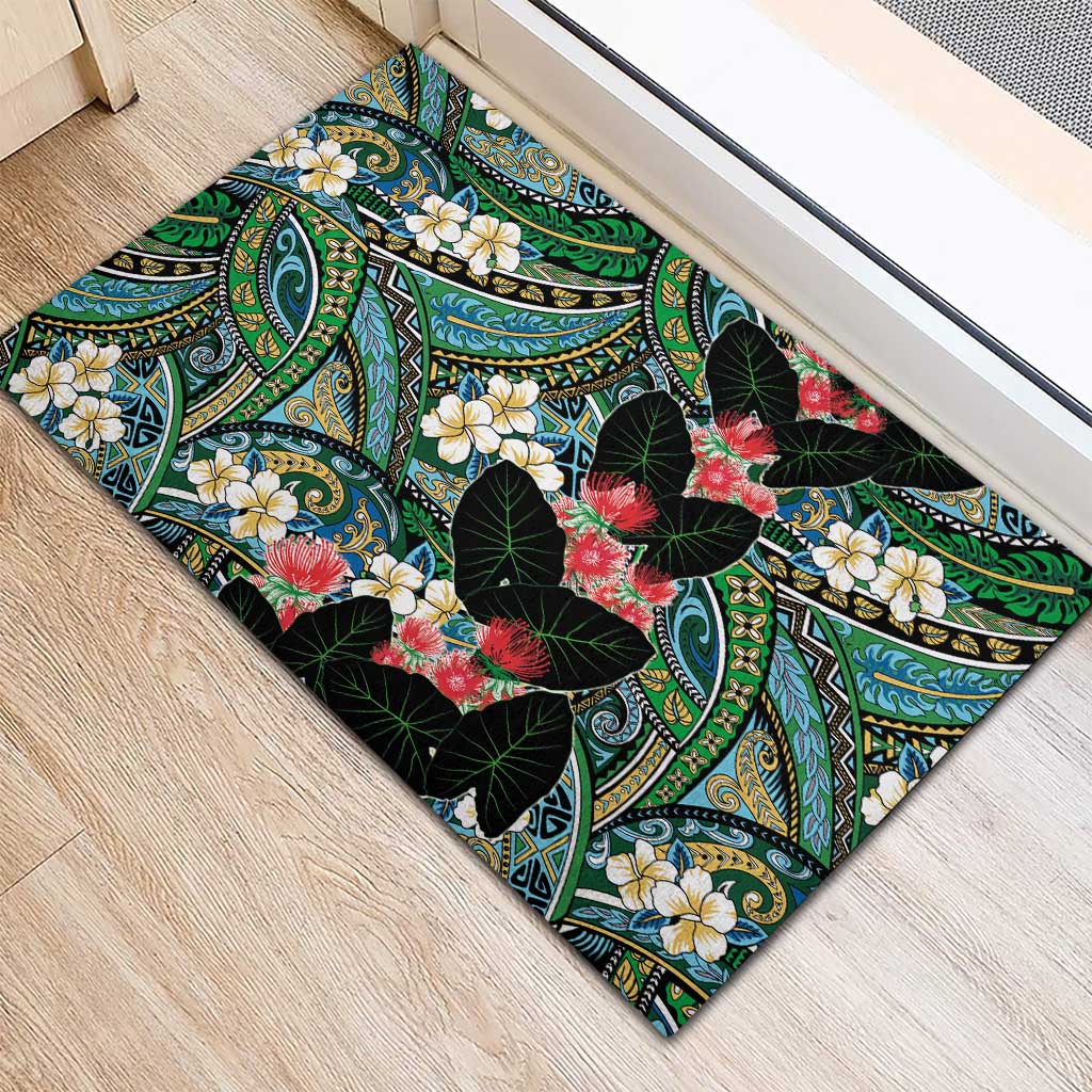 Hawaiian Taro Leaves and Ohia Lehua Rubber Doormat Polynesian Tribal Art Tropical Plants Motifs Colorful