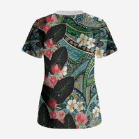 Hawaiian Taro Leaves and Ohia Lehua Scrub Top Polynesian Tribal Art Tropical Plants Motifs Colorful