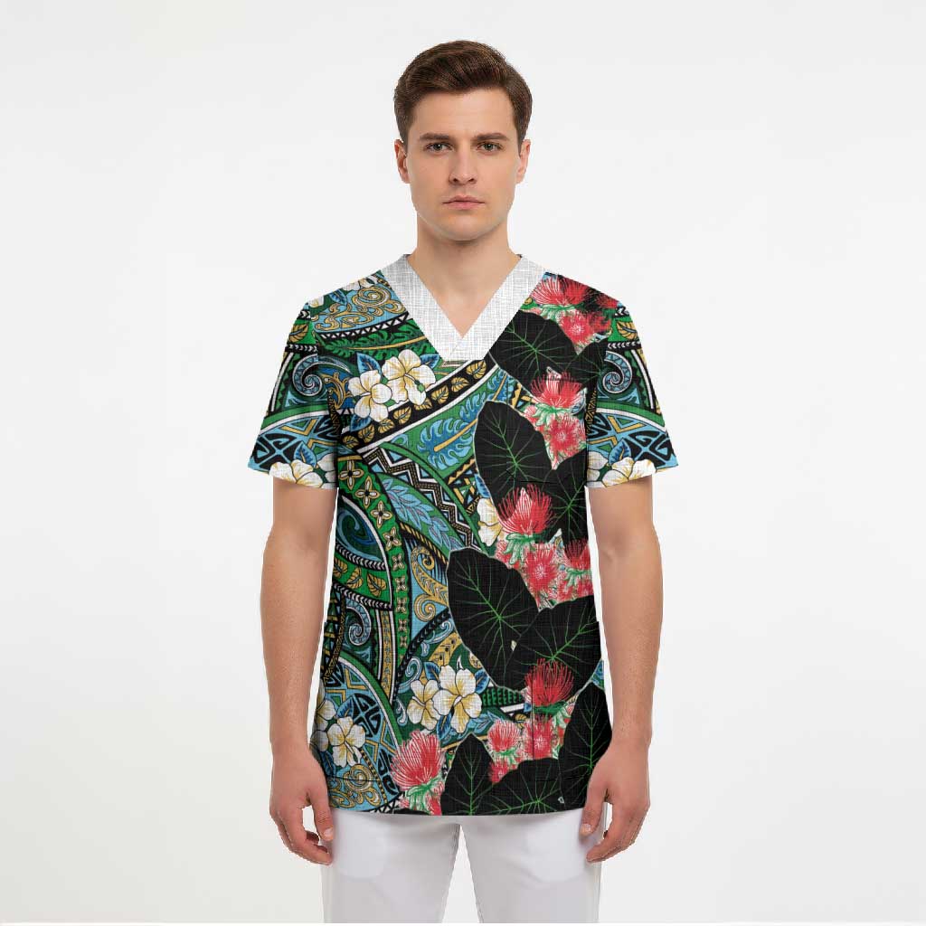 Hawaiian Taro Leaves and Ohia Lehua Scrub Top Polynesian Tribal Art Tropical Plants Motifs Colorful