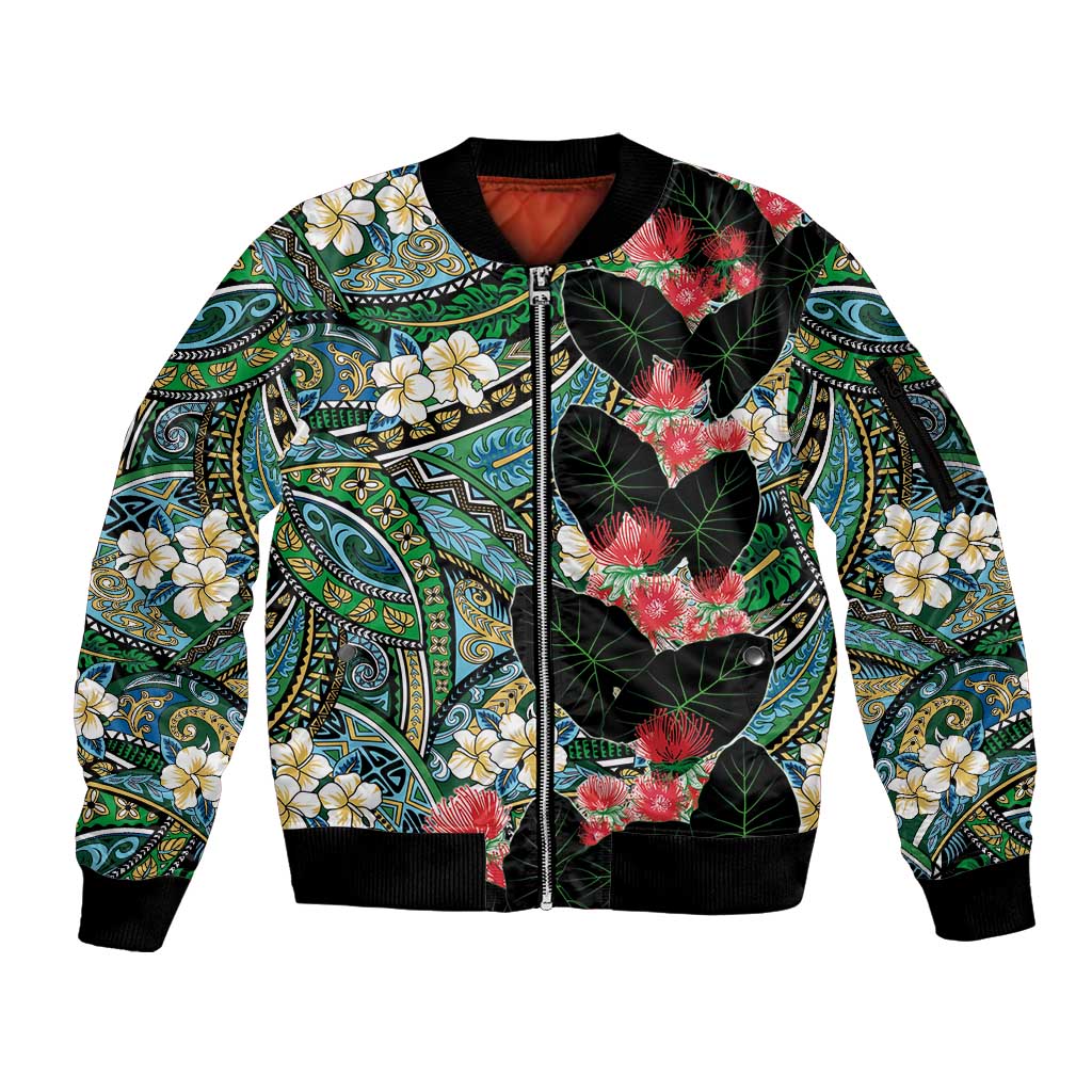 Hawaiian Taro Leaves and Ohia Lehua Sleeve Zip Bomber Jacket Polynesian Tribal Art Tropical Plants Motifs Colorful