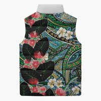 Hawaiian Taro Leaves and Ohia Lehua Sleeveless Puffer Jacket Polynesian Tribal Art Tropical Plants Motifs Colorful