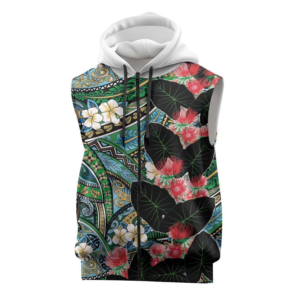 Hawaiian Taro Leaves and Ohia Lehua Sleeveless Zip Hoodie Polynesian Tribal Art Tropical Plants Motifs Colorful LT03 Multicolor - Polynesian Pride