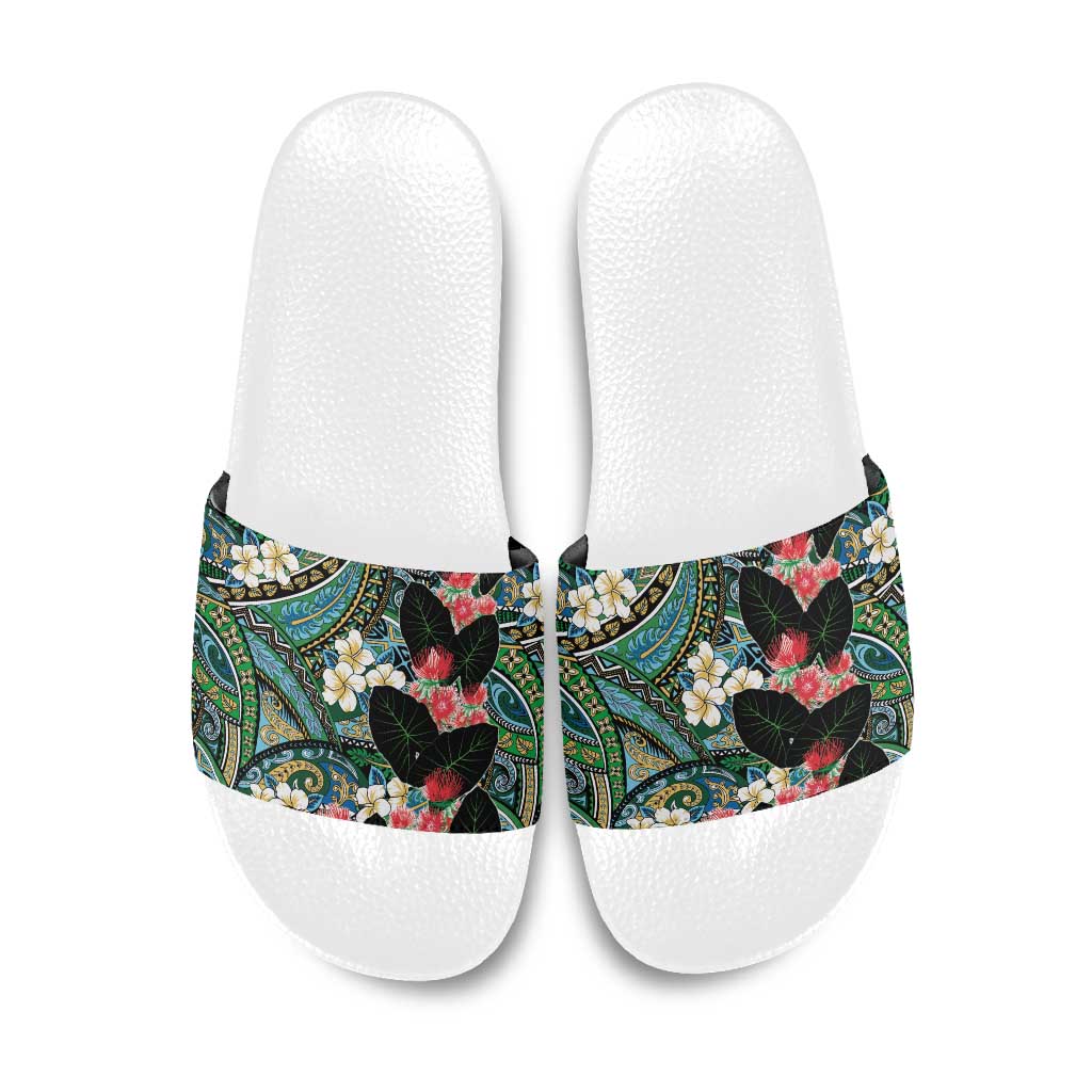 Hawaiian Taro Leaves and Ohia Lehua Slide Sandals Polynesian Tribal Art Tropical Plants Motifs Colorful