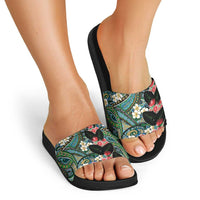 Hawaiian Taro Leaves and Ohia Lehua Slide Sandals Polynesian Tribal Art Tropical Plants Motifs Colorful