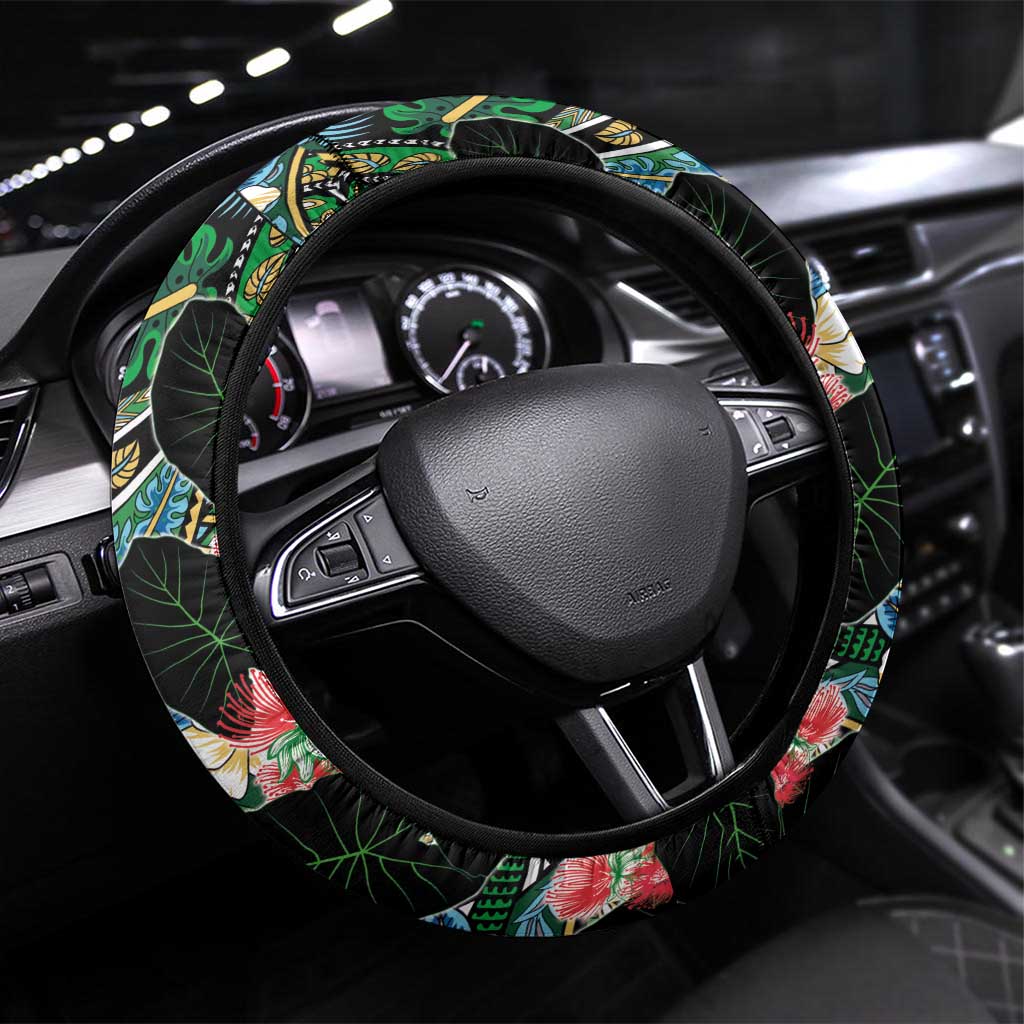 Hawaiian Taro Leaves and Ohia Lehua Steering Wheel Cover Polynesian Tribal Art Tropical Plants Motifs Colorful LT03 Universal Fit Multicolor - Polynesian Pride
