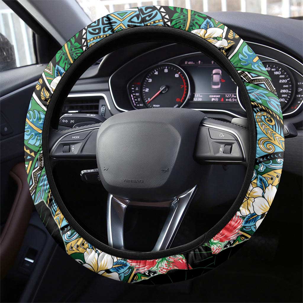 Hawaiian Taro Leaves and Ohia Lehua Steering Wheel Cover Polynesian Tribal Art Tropical Plants Motifs Colorful LT03 - Polynesian Pride