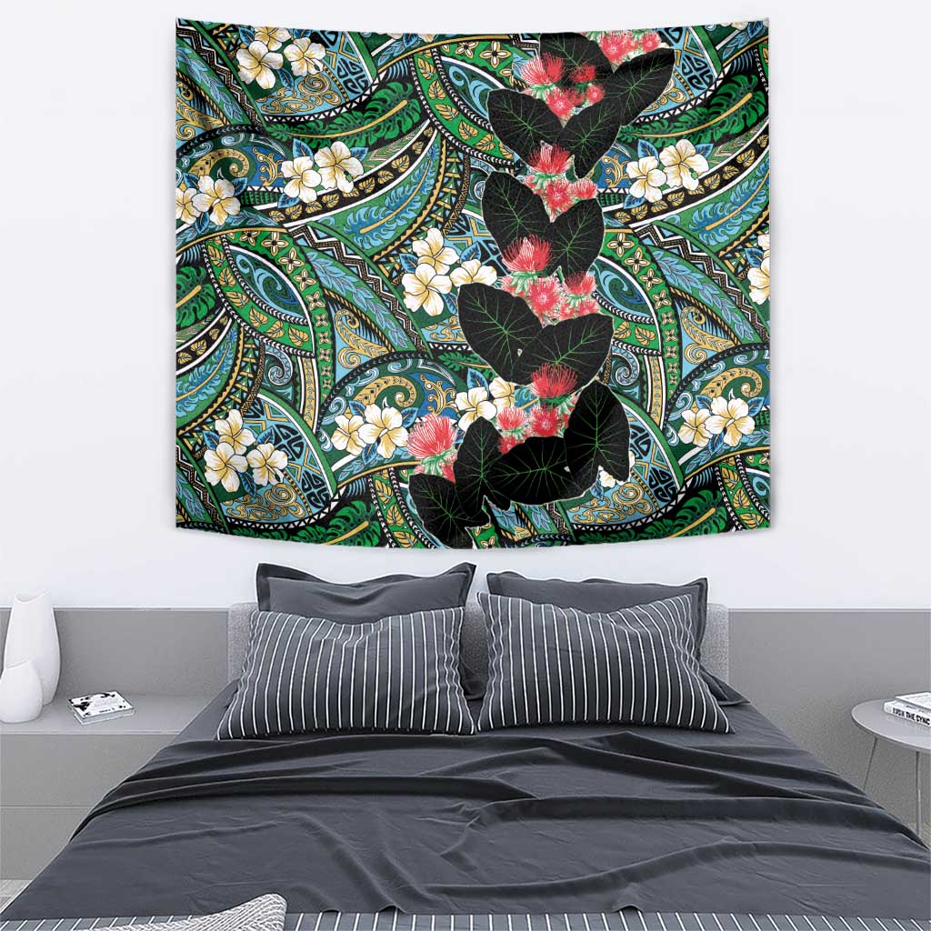 Hawaiian Taro Leaves and Ohia Lehua Tapestry Polynesian Tribal Art Tropical Plants Motifs Colorful