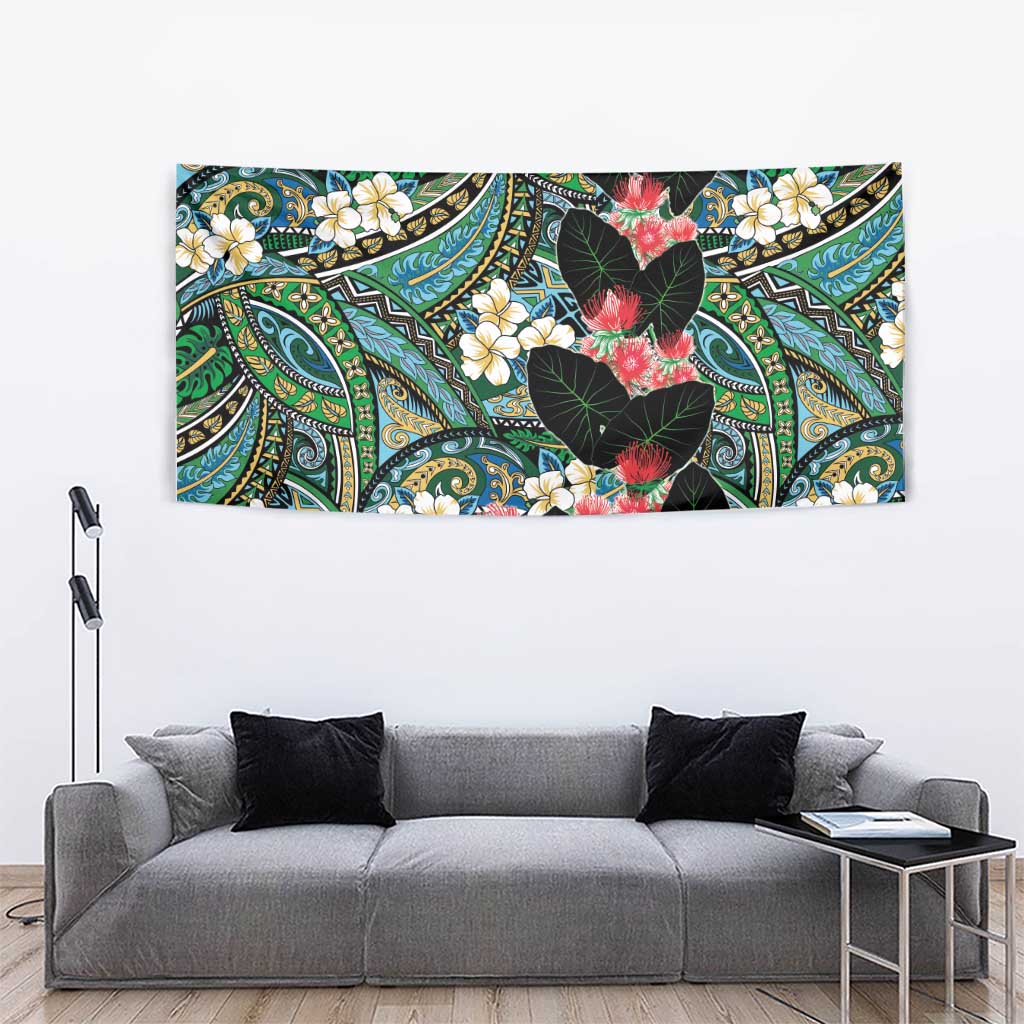 Hawaiian Taro Leaves and Ohia Lehua Tapestry Polynesian Tribal Art Tropical Plants Motifs Colorful
