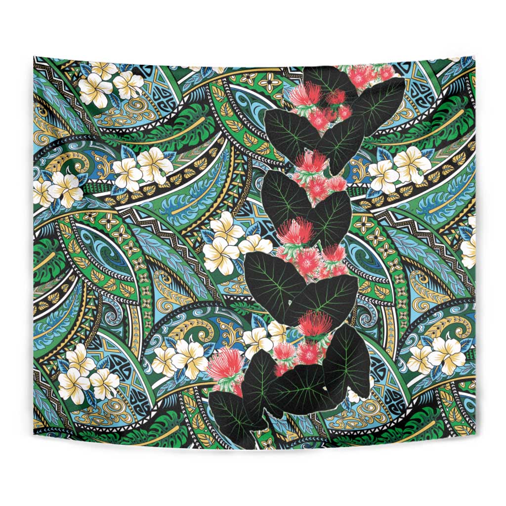 Hawaiian Taro Leaves and Ohia Lehua Tapestry Polynesian Tribal Art Tropical Plants Motifs Colorful