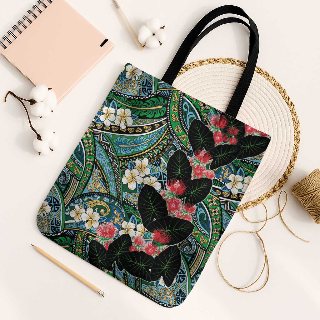 Hawaiian Taro Leaves and Ohia Lehua Tote Bag Polynesian Tribal Art Tropical Plants Motifs Colorful