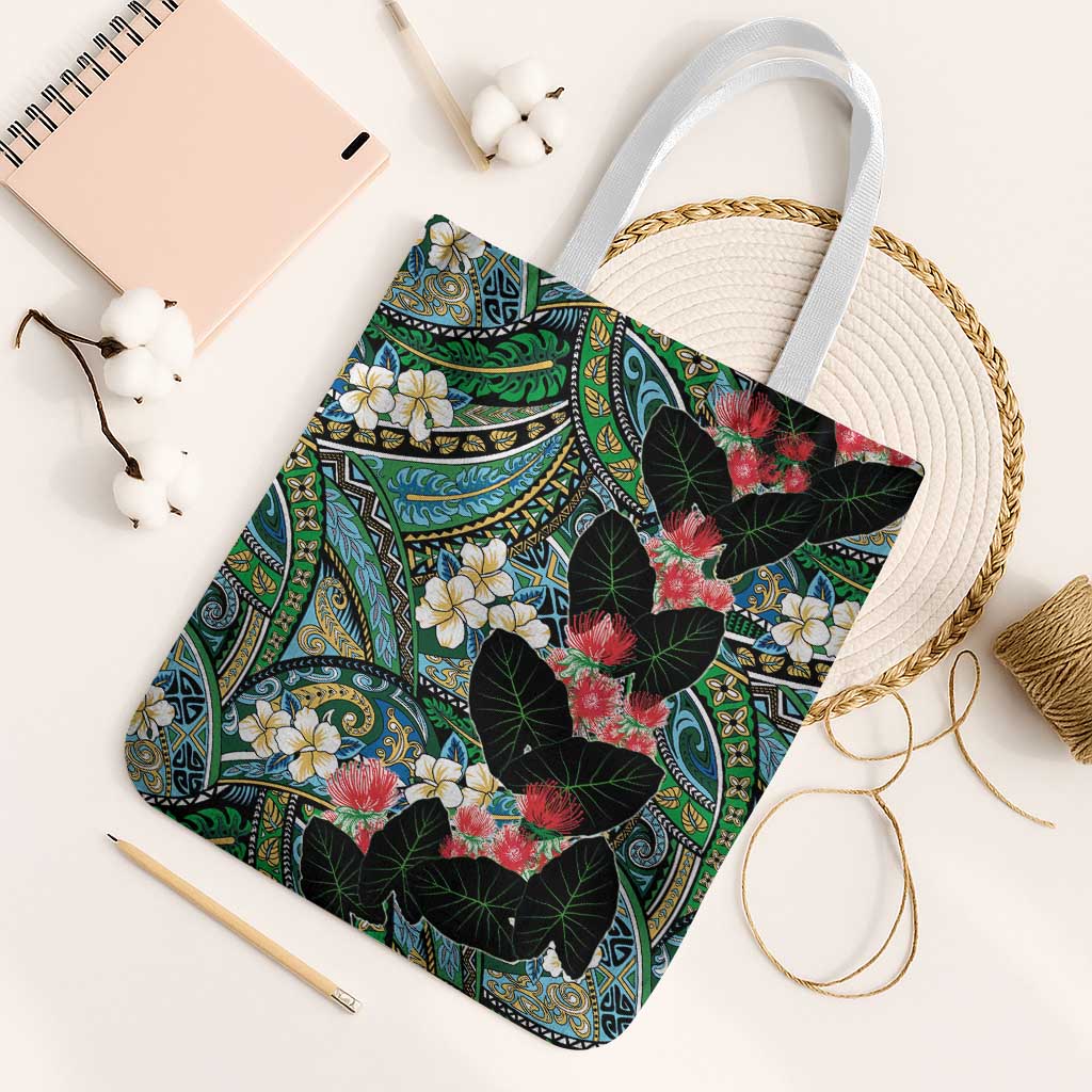 Hawaiian Taro Leaves and Ohia Lehua Tote Bag Polynesian Tribal Art Tropical Plants Motifs Colorful LT03 White Strap One Size Multicolor - Polynesian Pride