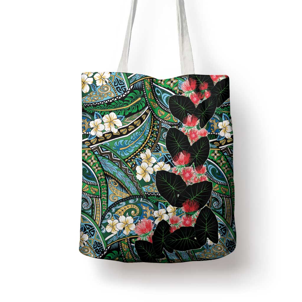 Hawaiian Taro Leaves and Ohia Lehua Tote Bag Polynesian Tribal Art Tropical Plants Motifs Colorful LT03 - Polynesian Pride