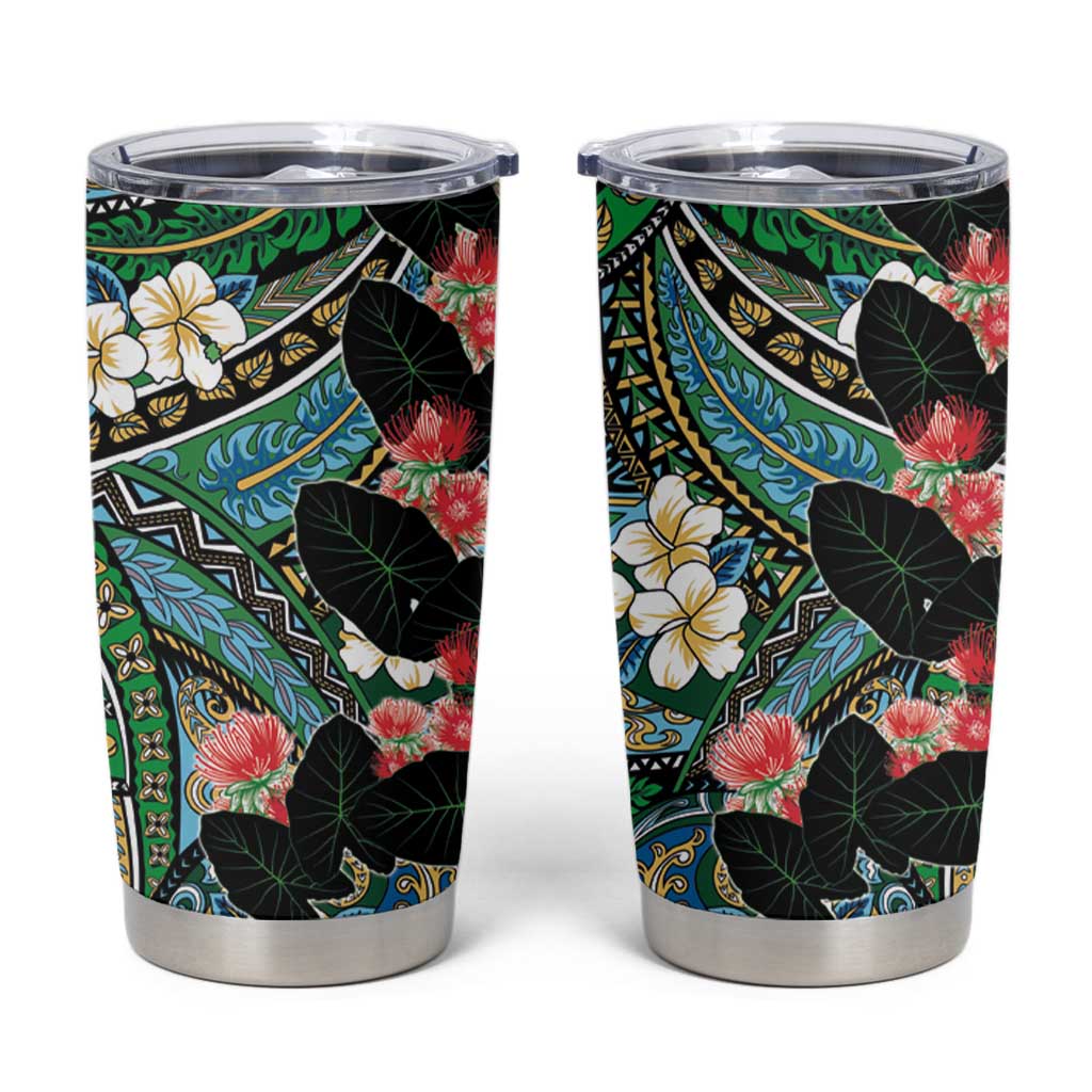 Hawaiian Taro Leaves and Ohia Lehua Tumbler Cup Polynesian Tribal Art Tropical Plants Motifs Colorful LT03 Multicolor - Polynesian Pride