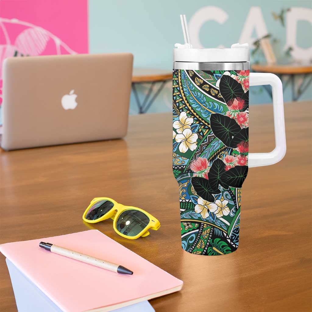 Hawaiian Taro Leaves and Ohia Lehua Tumbler With Handle Polynesian Tribal Art Tropical Plants Motifs Colorful LT03 - Polynesian Pride