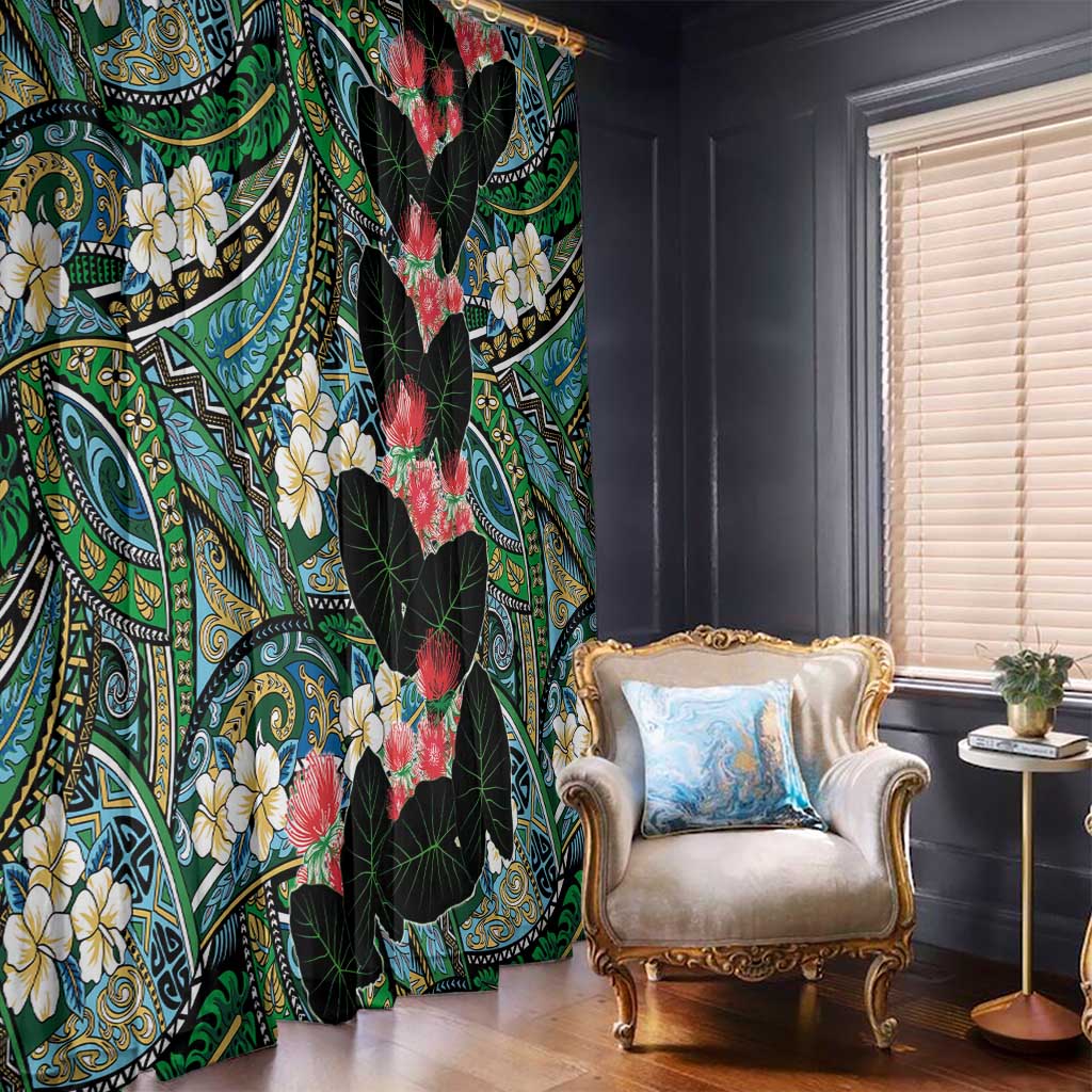 Hawaiian Taro Leaves and Ohia Lehua Window Curtain Polynesian Tribal Art Tropical Plants Motifs Colorful