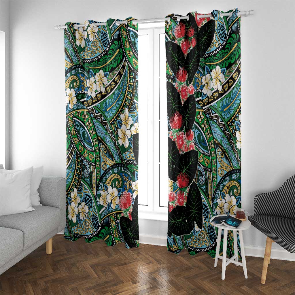 Hawaiian Taro Leaves and Ohia Lehua Window Curtain Polynesian Tribal Art Tropical Plants Motifs Colorful
