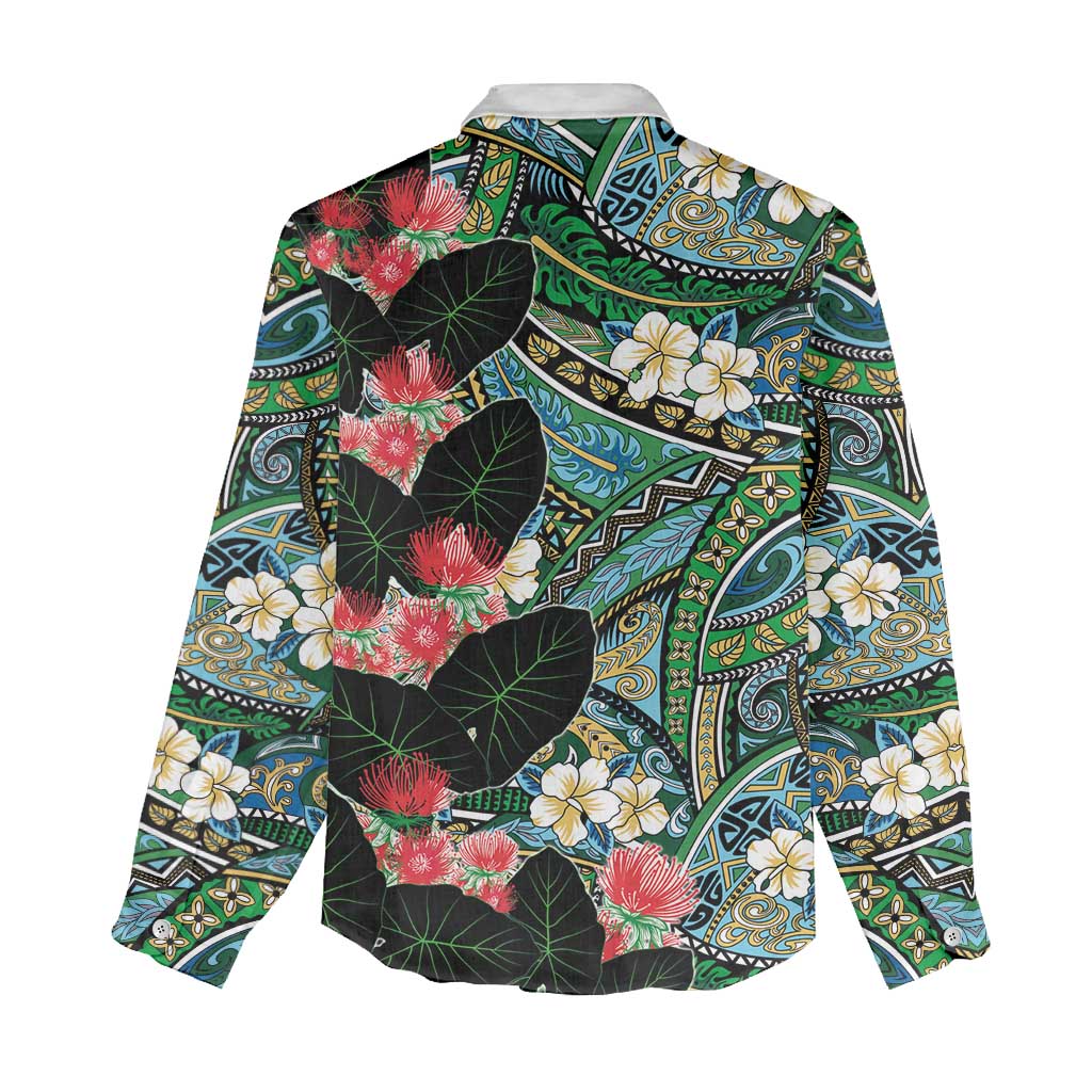 Hawaiian Taro Leaves and Ohia Lehua Women Casual Shirt Polynesian Tribal Art Tropical Plants Motifs Colorful LT03 - Polynesian Pride