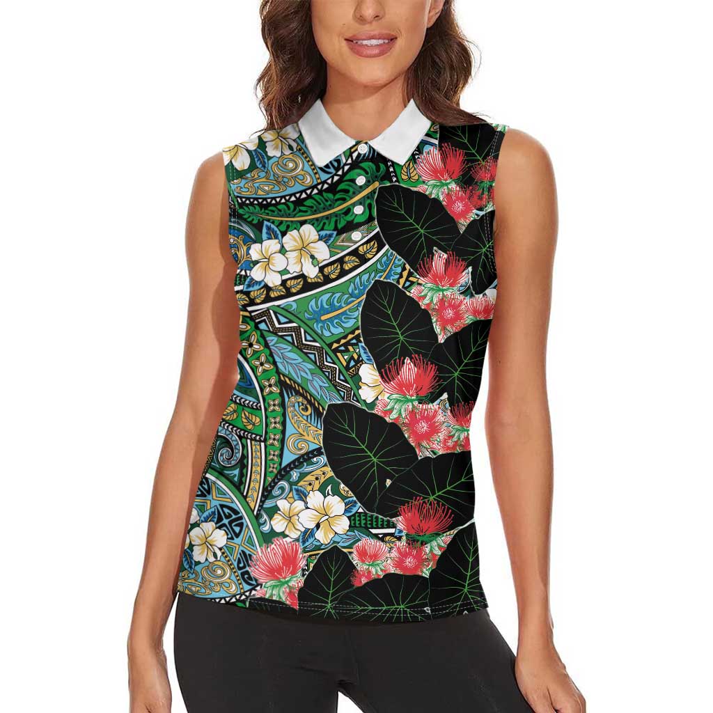 Hawaiian Taro Leaves and Ohia Lehua Women Sleeveless Polo Shirt Polynesian Tribal Art Tropical Plants Motifs Colorful LT03 - Polynesian Pride