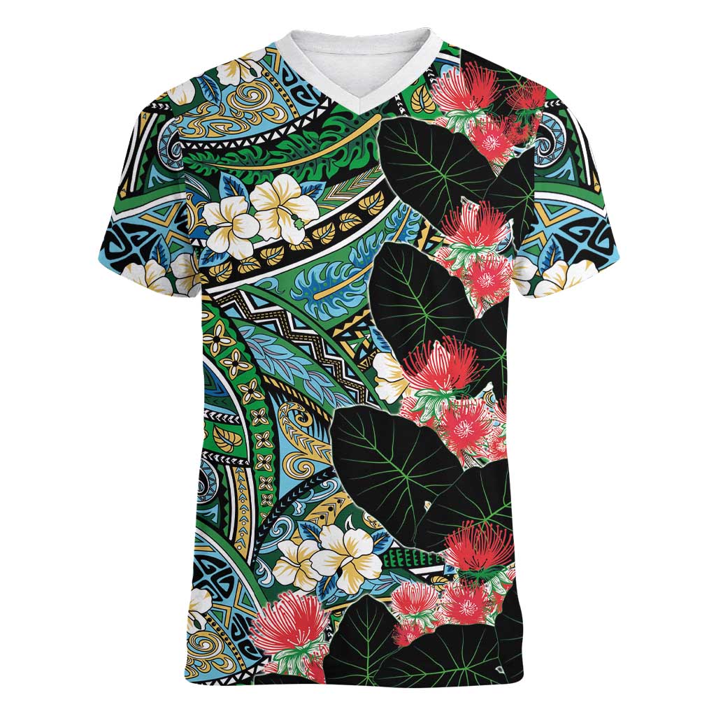 Hawaiian Taro Leaves and Ohia Lehua Women V-Neck T-Shirt Polynesian Tribal Art Tropical Plants Motifs Colorful LT03 Female Multicolor - Polynesian Pride