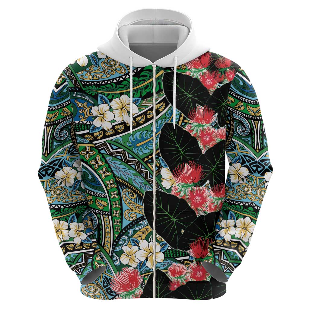 Hawaiian Taro Leaves and Ohia Lehua Zip Hoodie Polynesian Tribal Art Tropical Plants Motifs Colorful LT03 - Polynesian Pride