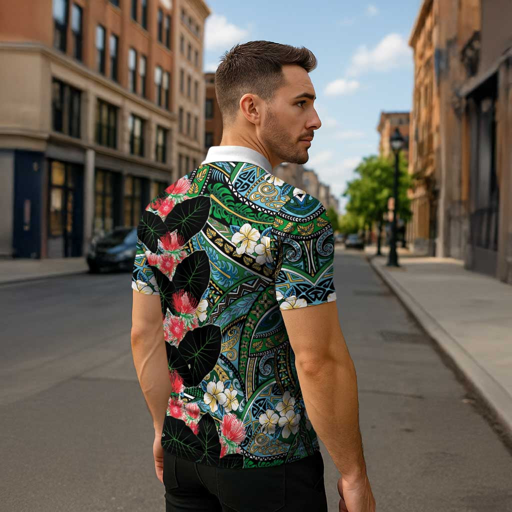 Hawaiian Taro Leaves and Ohia Lehua Zipper Polo Shirt Polynesian Tribal Art Tropical Plants Motifs Colorful LT03 - Polynesian Pride