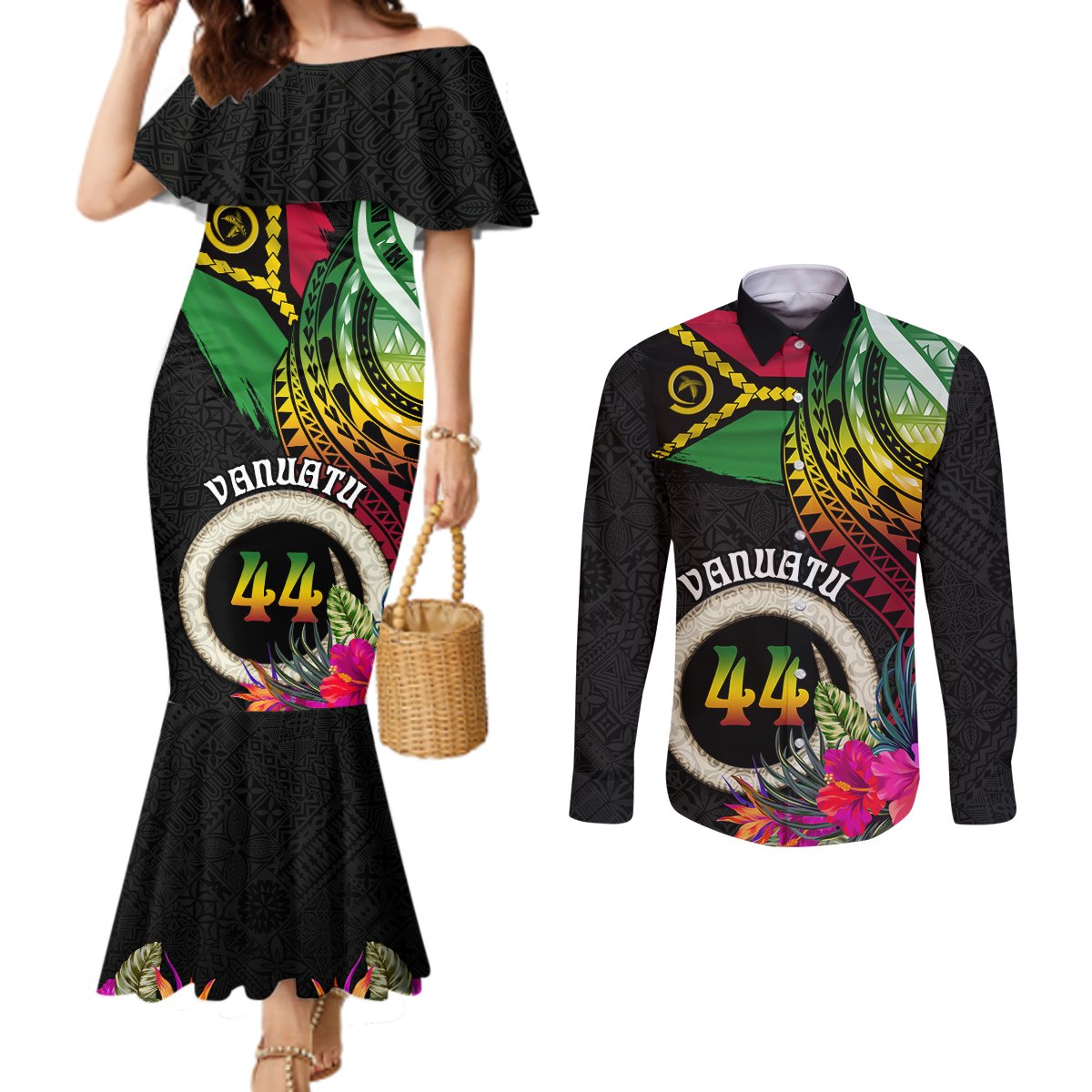 Vanuatu 44th Anniversary Couples Matching Mermaid Dress and Long Sleeve Button Shirt Boars Tusk Tugeta Yumi Selebretem Indipendens Dei