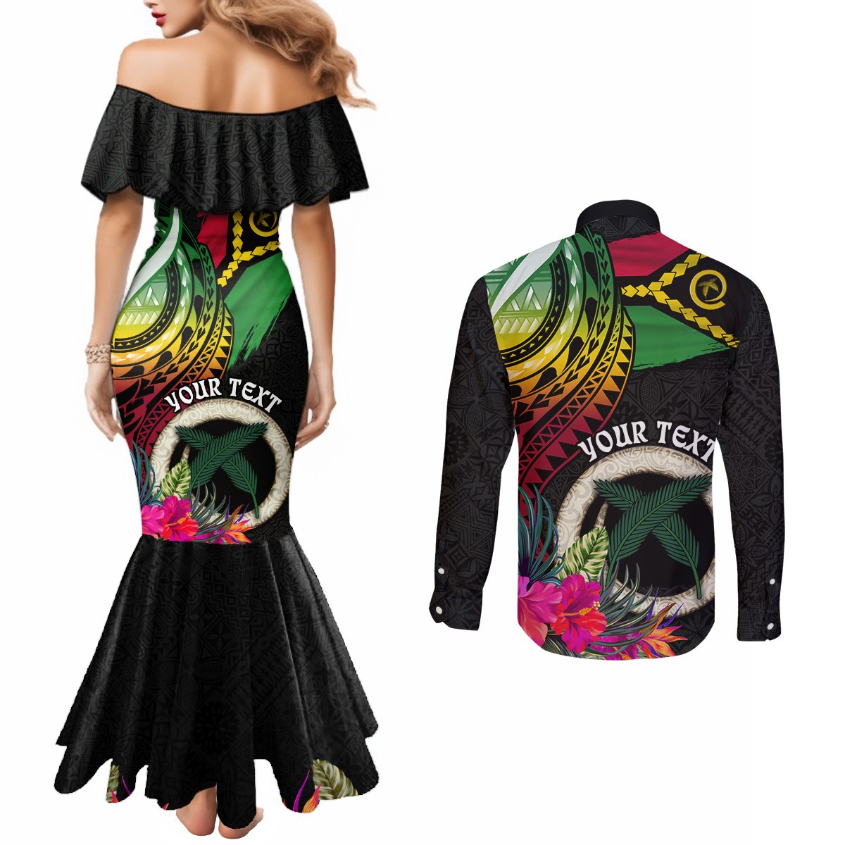 Vanuatu 44th Anniversary Couples Matching Mermaid Dress and Long Sleeve Button Shirt Boars Tusk Tugeta Yumi Selebretem Indipendens Dei