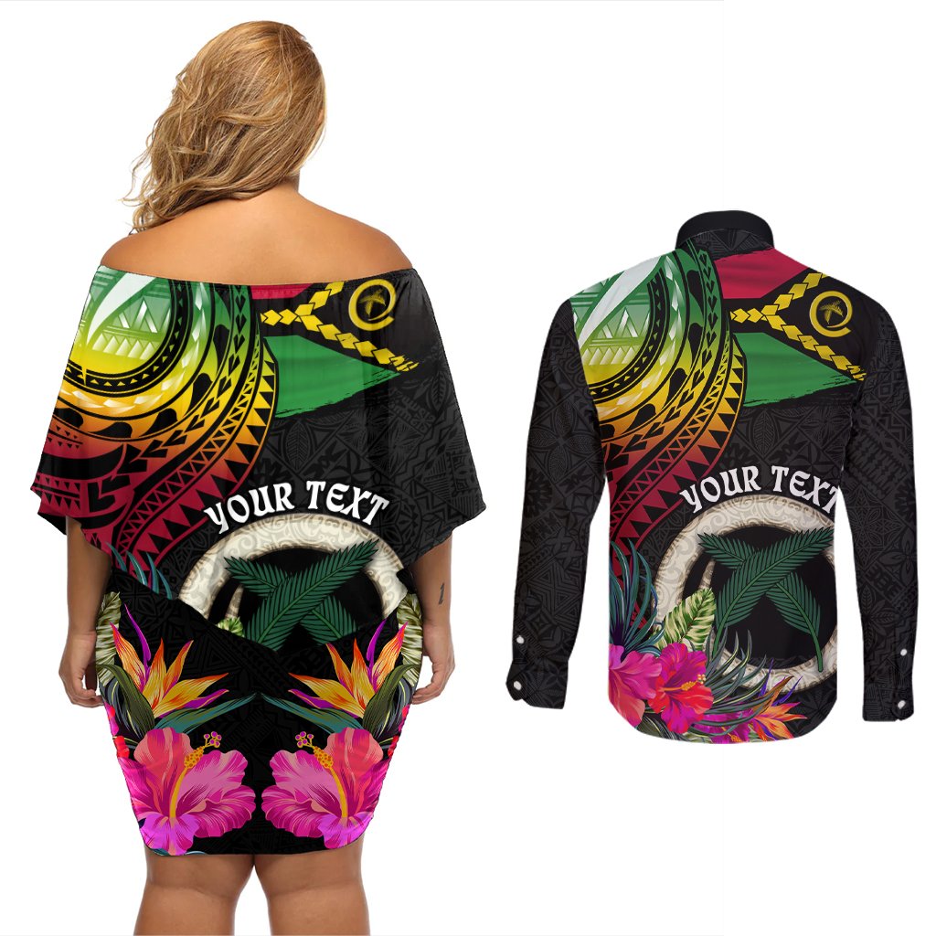 Personalised Vanuatu 44th Anniversary Couples Matching Off Shoulder Short Dress and Long Sleeve Button Shirt Boars Tusk Tugeta Yumi Selebretem Indipendens Dei LT03 - Polynesian Pride