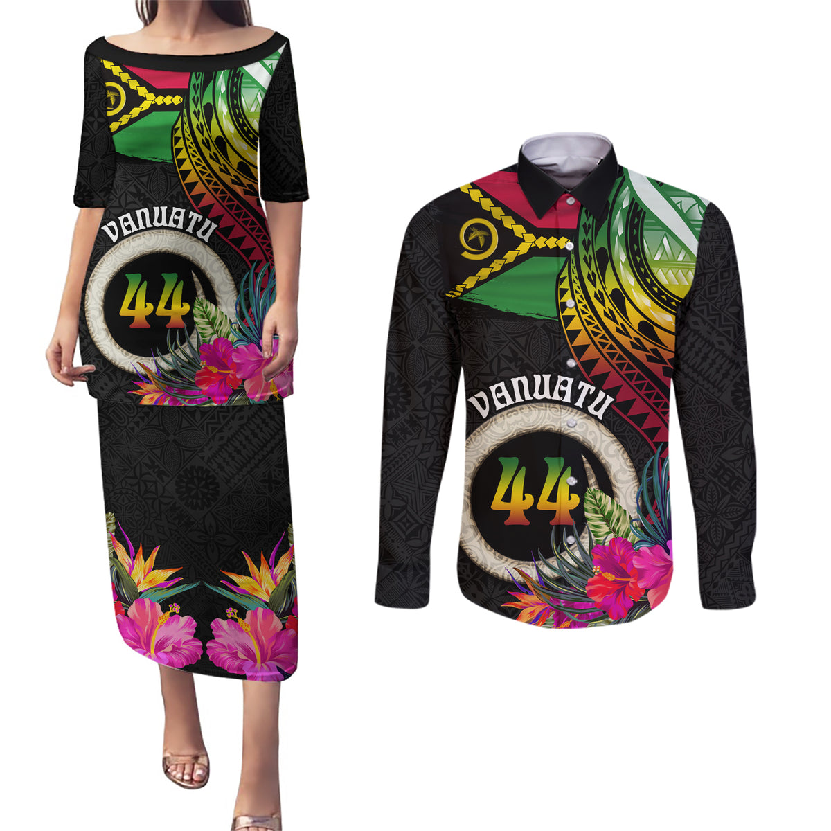 Personalised Vanuatu 44th Anniversary Couples Matching Puletasi and Long Sleeve Button Shirt Boars Tusk Tugeta Yumi Selebretem Indipendens Dei LT03 Black - Polynesian Pride