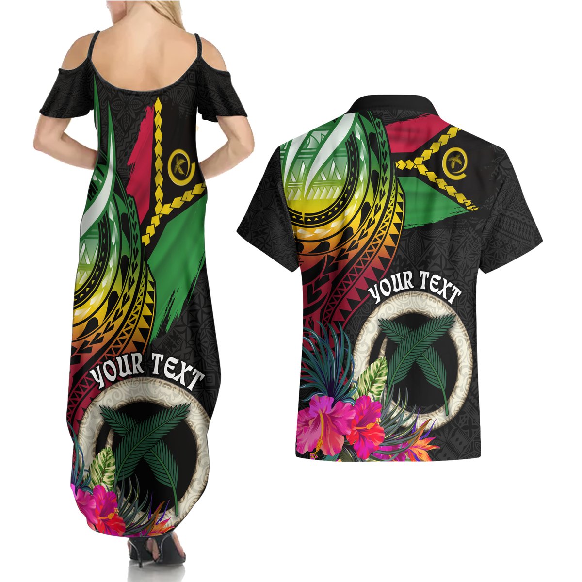 Vanuatu 44th Anniversary Couples Matching Summer Maxi Dress and Hawaiian Shirt Boars Tusk Tugeta Yumi Selebretem Indipendens Dei