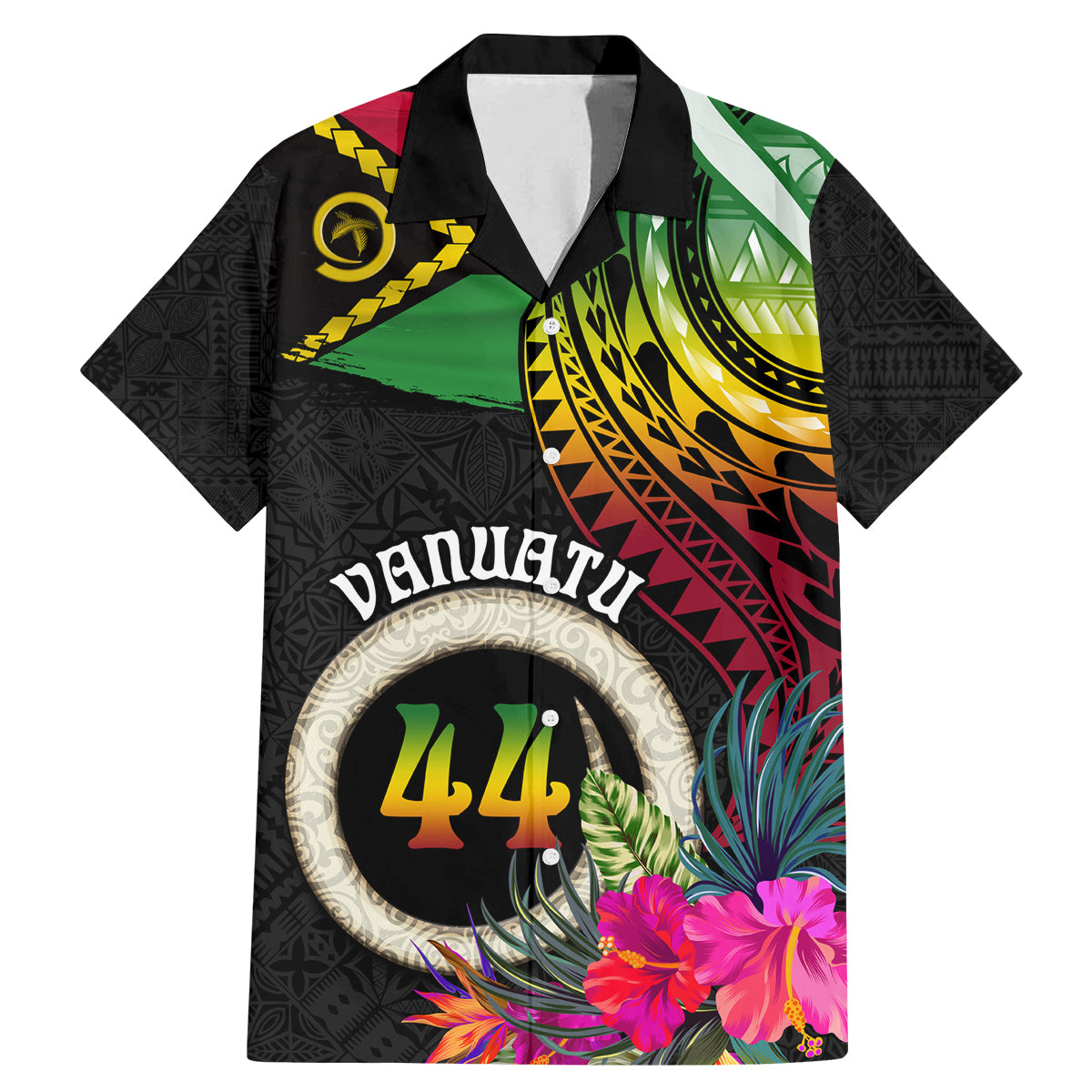 Personalised Vanuatu 44th Anniversary Family Matching Mermaid Dress and Hawaiian Shirt Boars Tusk Tugeta Yumi Selebretem Indipendens Dei LT03 Dad's Shirt - Short Sleeve Black - Polynesian Pride