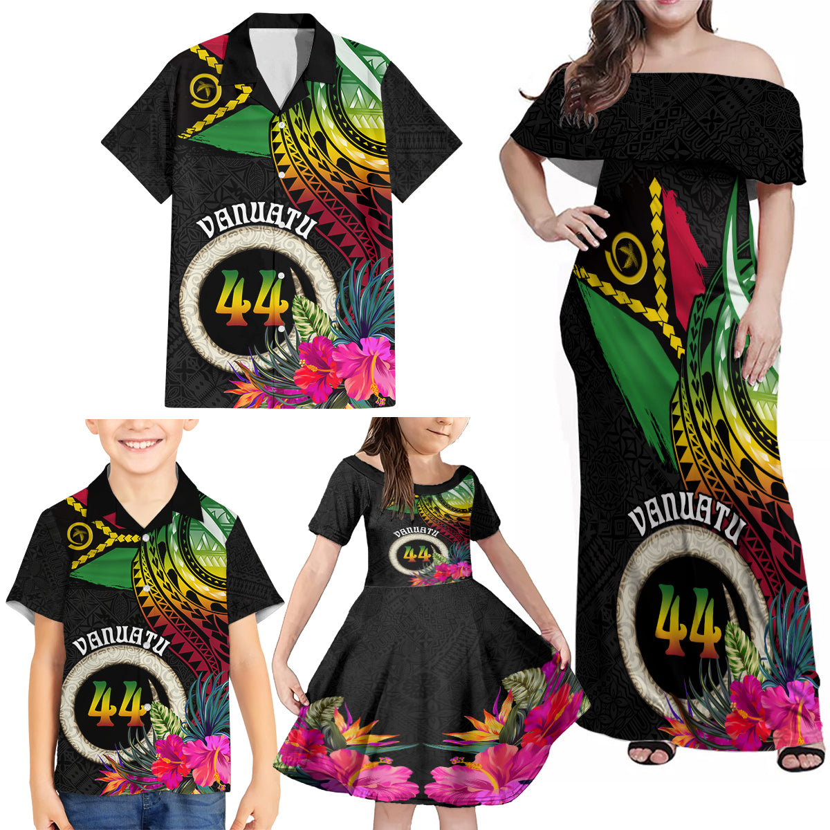 Personalised Vanuatu 44th Anniversary Family Matching Off Shoulder Maxi Dress and Hawaiian Shirt Boars Tusk Tugeta Yumi Selebretem Indipendens Dei LT03 - Polynesian Pride