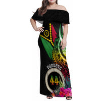 Personalised Vanuatu 44th Anniversary Family Matching Off Shoulder Maxi Dress and Hawaiian Shirt Boars Tusk Tugeta Yumi Selebretem Indipendens Dei LT03 Mom's Dress Black - Polynesian Pride