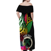 Personalised Vanuatu 44th Anniversary Family Matching Off Shoulder Maxi Dress and Hawaiian Shirt Boars Tusk Tugeta Yumi Selebretem Indipendens Dei LT03 - Polynesian Pride