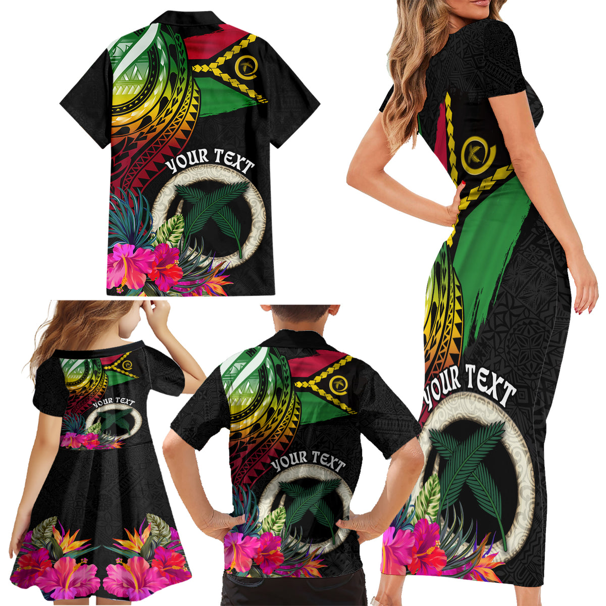 Personalised Vanuatu 44th Anniversary Family Matching Short Sleeve Bodycon Dress and Hawaiian Shirt Boars Tusk Tugeta Yumi Selebretem Indipendens Dei LT03 - Polynesian Pride