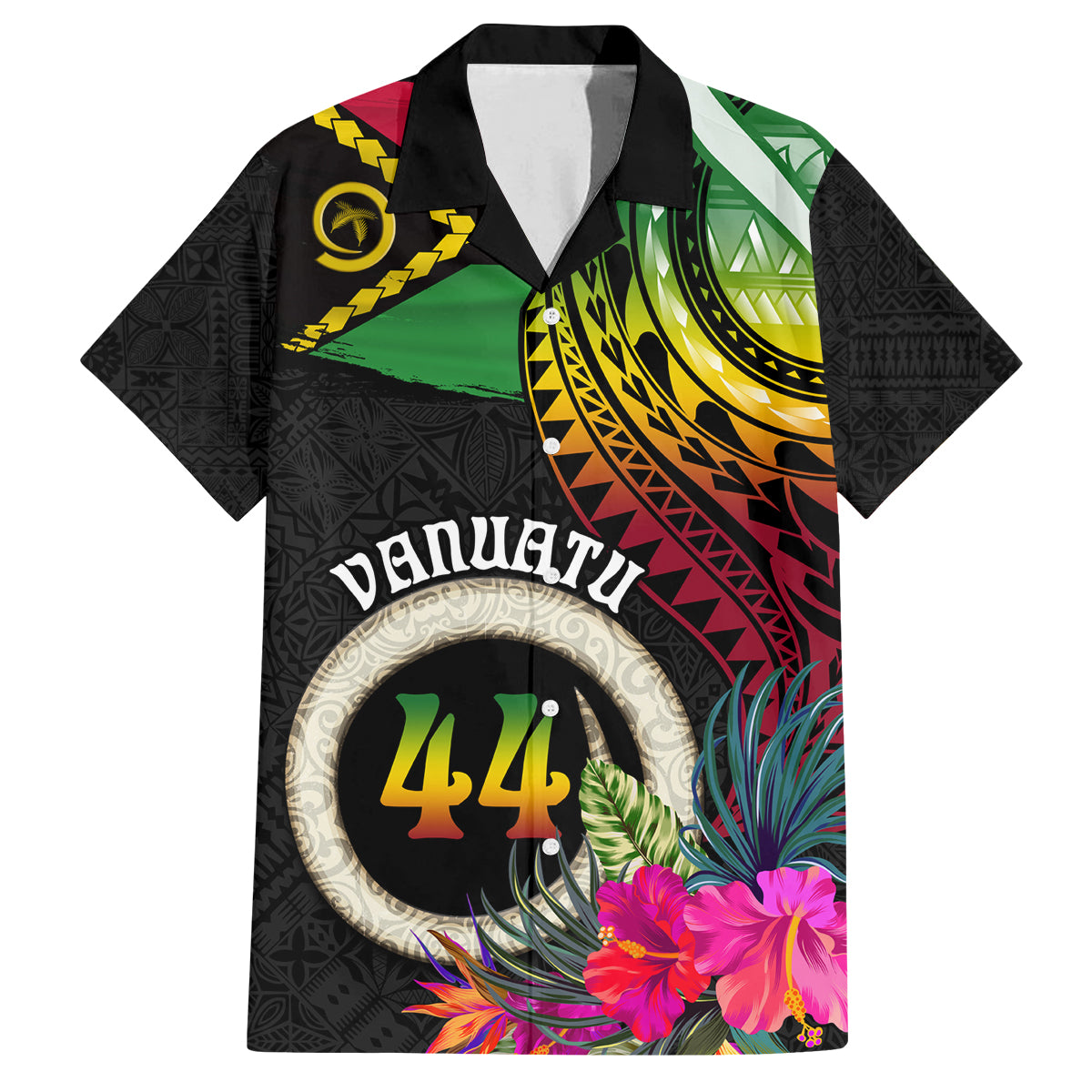 Personalised Vanuatu 44th Anniversary Family Matching Summer Maxi Dress and Hawaiian Shirt Boars Tusk Tugeta Yumi Selebretem Indipendens Dei LT03 Dad's Shirt - Short Sleeve Black - Polynesian Pride