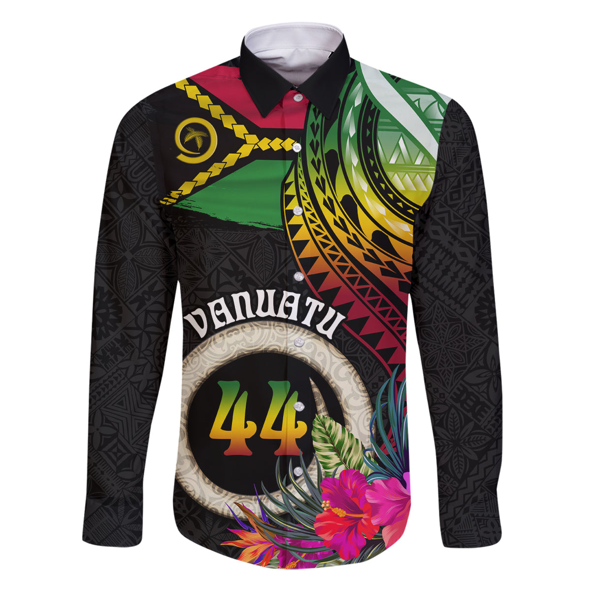 Personalised Vanuatu 44th Anniversary Family Matching Summer Maxi Dress and Hawaiian Shirt Boars Tusk Tugeta Yumi Selebretem Indipendens Dei LT03 Dad's Shirt - Long Sleeve Black - Polynesian Pride