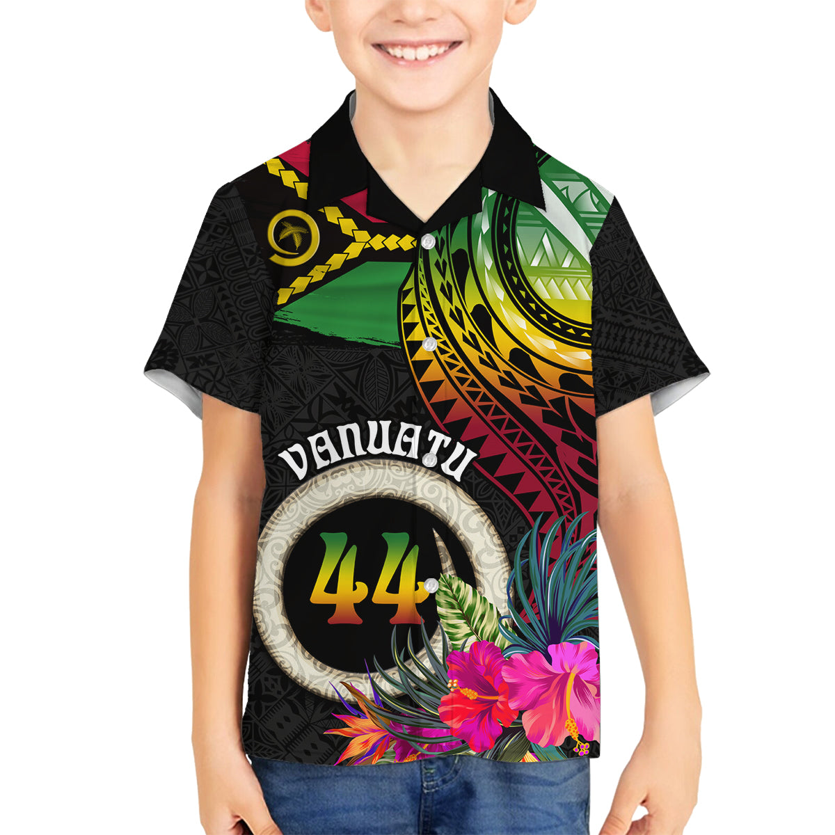 Personalised Vanuatu 44th Anniversary Family Matching Summer Maxi Dress and Hawaiian Shirt Boars Tusk Tugeta Yumi Selebretem Indipendens Dei LT03 Son's Shirt Black - Polynesian Pride