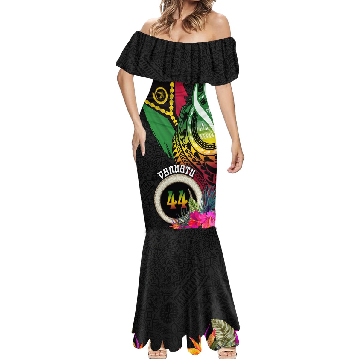 Personalised Vanuatu 44th Anniversary Mermaid Dress Boars Tusk Tugeta Yumi Selebretem Indipendens Dei LT03 - Polynesian Pride