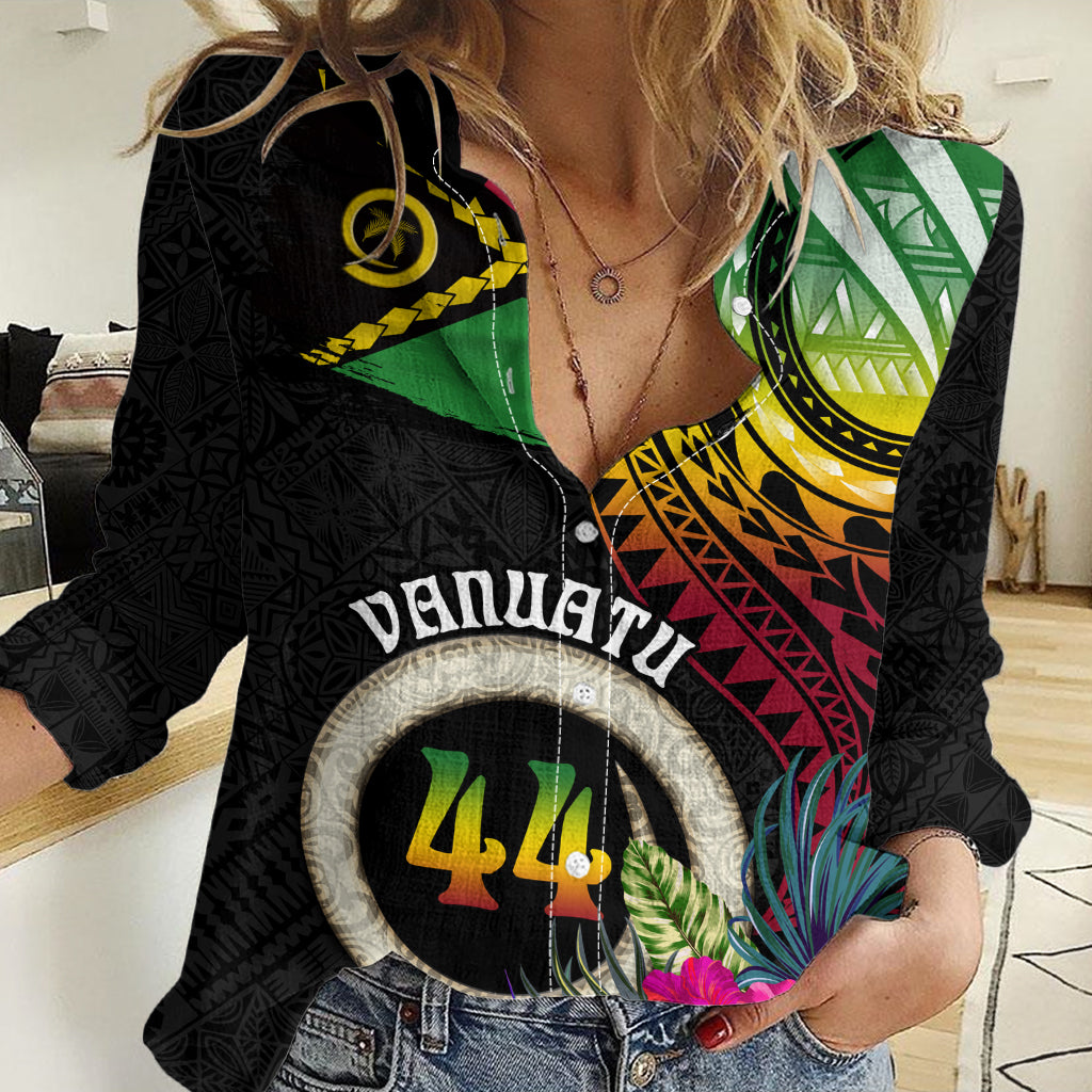 Personalised Vanuatu 44th Anniversary Women Casual Shirt Boars Tusk Tugeta Yumi Selebretem Indipendens Dei LT03 Female Black - Polynesian Pride