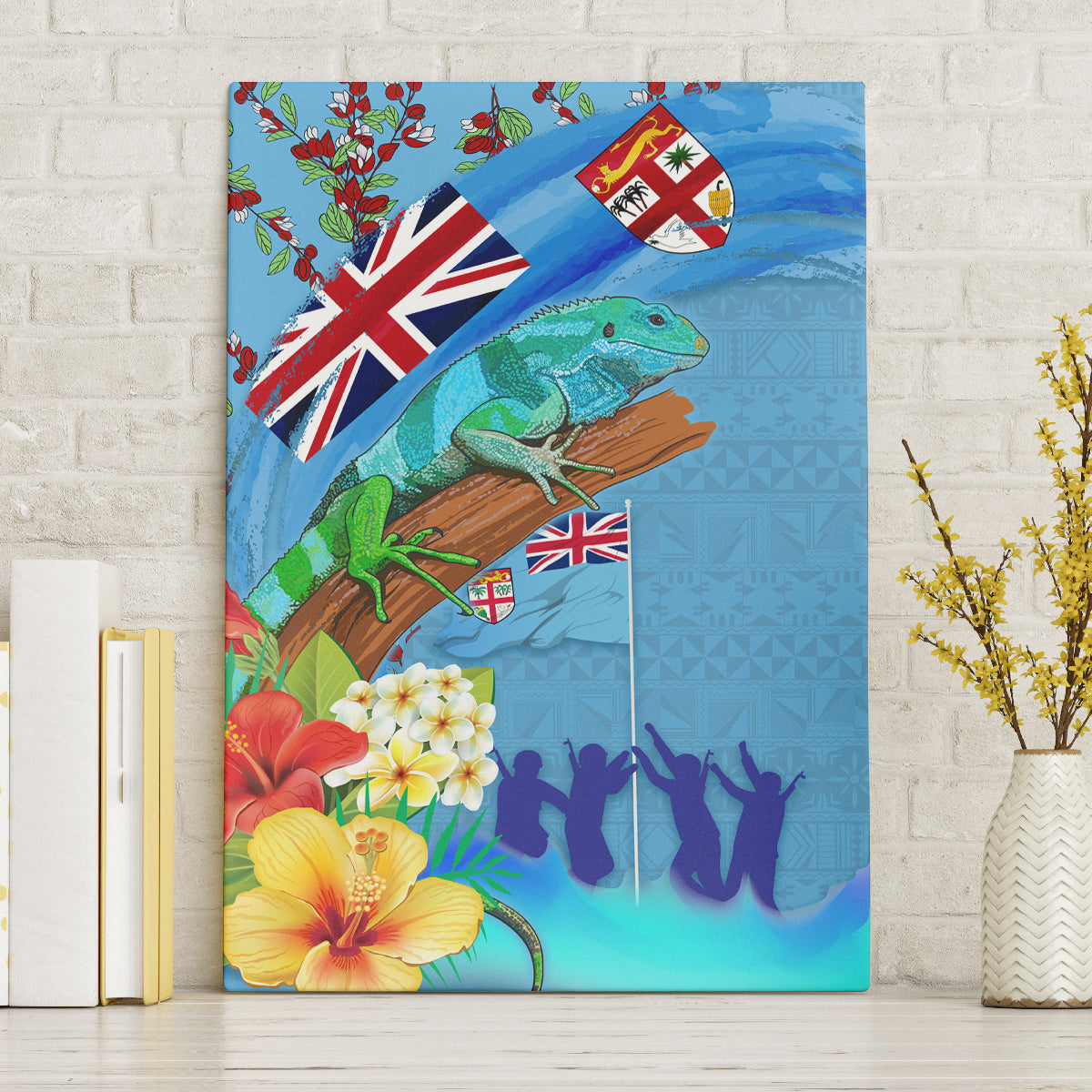 Fiji Day Canvas Wall Art Tagimoucia Flower and Melanesia Pattern LT03 Without Frame Blue - Polynesian Pride