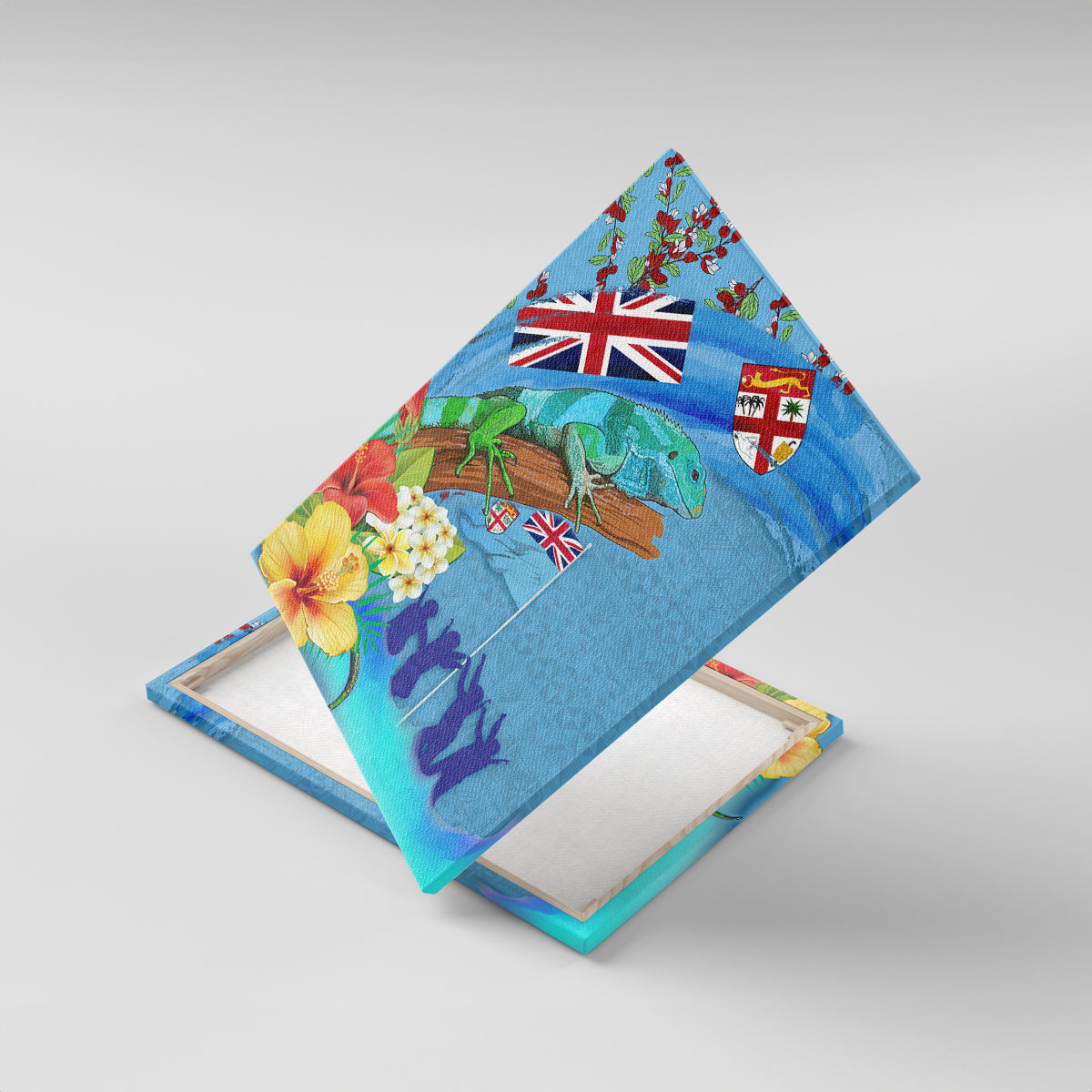 Fiji Day Canvas Wall Art Tagimoucia Flower and Melanesia Pattern LT03 With Frame Blue - Polynesian Pride