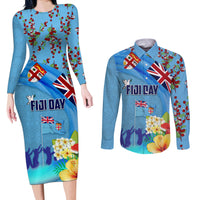 Fiji Day Couples Matching Long Sleeve Bodycon Dress and Long Sleeve Button Shirt Tagimoucia Flower and Melanesia Pattern