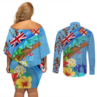 Fiji Day Couples Matching Off Shoulder Short Dress and Long Sleeve Button Shirt Tagimoucia Flower and Melanesia Pattern