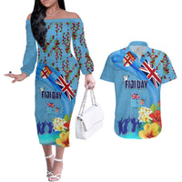 Fiji Day Couples Matching Off The Shoulder Long Sleeve Dress and Hawaiian Shirt Tagimoucia Flower and Melanesia Pattern