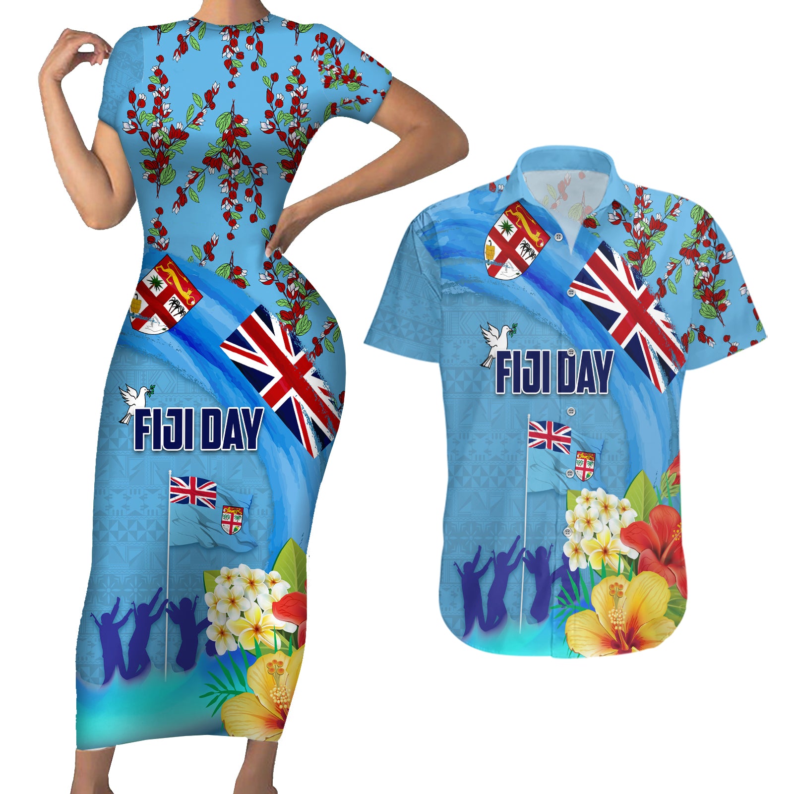 Fiji Day Couples Matching Short Sleeve Bodycon Dress and Hawaiian Shirt Tagimoucia Flower and Melanesia Pattern