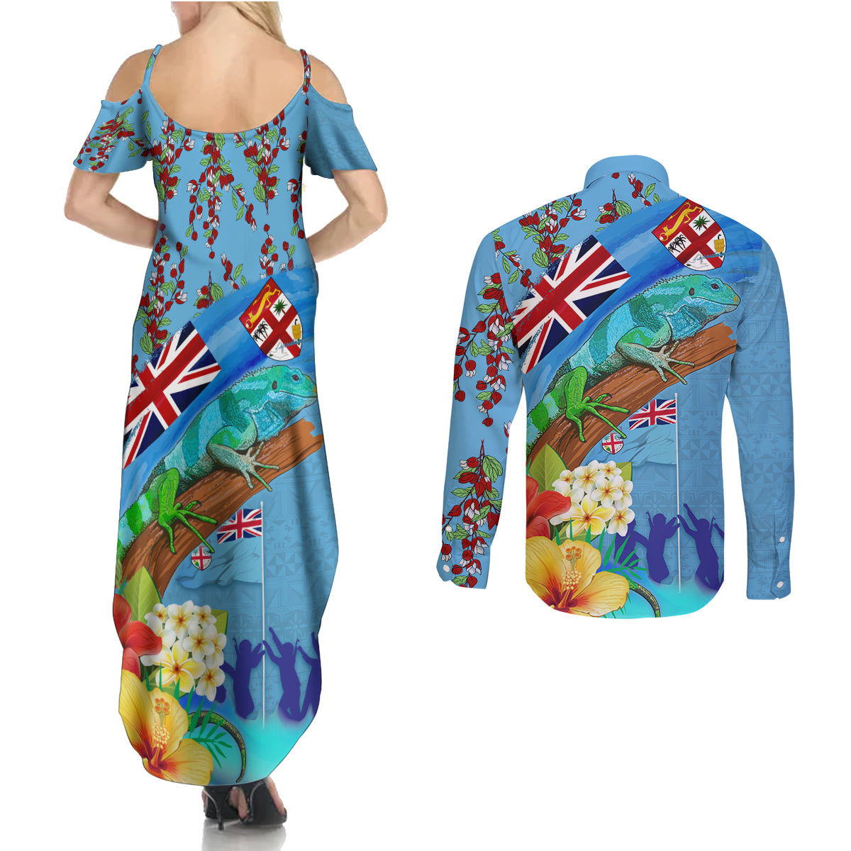 Fiji Day Couples Matching Summer Maxi Dress and Long Sleeve Button Shirt Tagimoucia Flower and Melanesia Pattern
