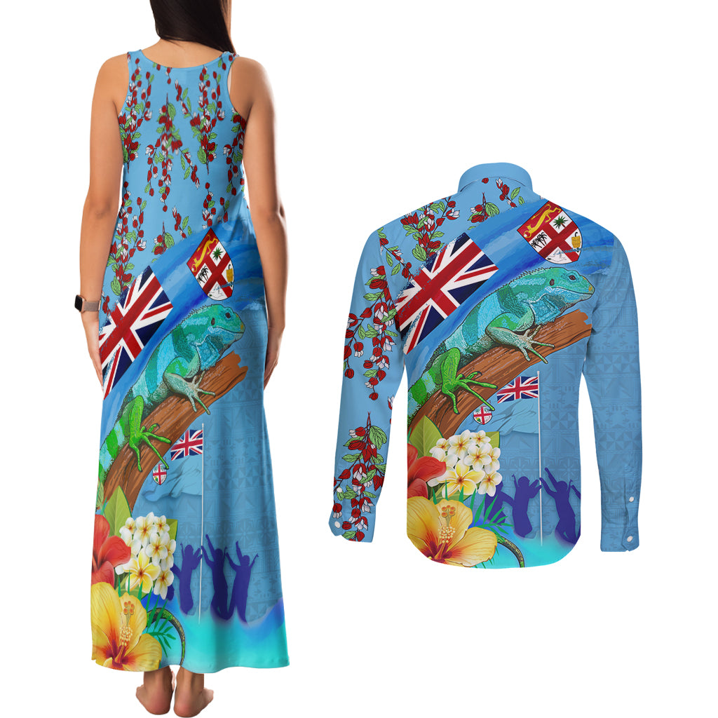 Fiji Day Couples Matching Tank Maxi Dress and Long Sleeve Button Shirt Tagimoucia Flower and Melanesia Pattern